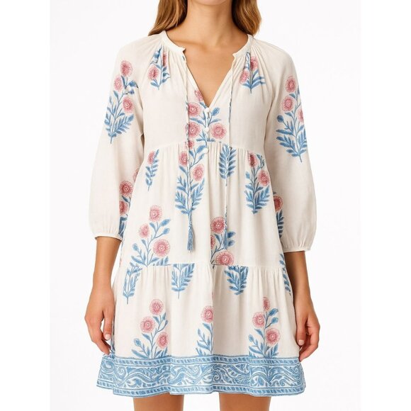 Tuckernuck x SZ Blockprints Priya Floral Boho Dress White Blue - Picture 1 of 13